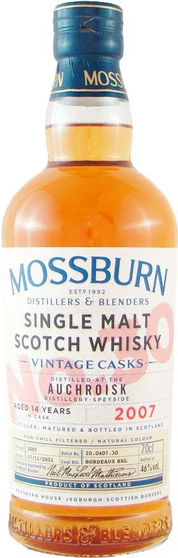 MossburnWhiskyVintageCaskNo.30AuchroiskJahrgang2007aged14years460%vol.–GärtnerWein